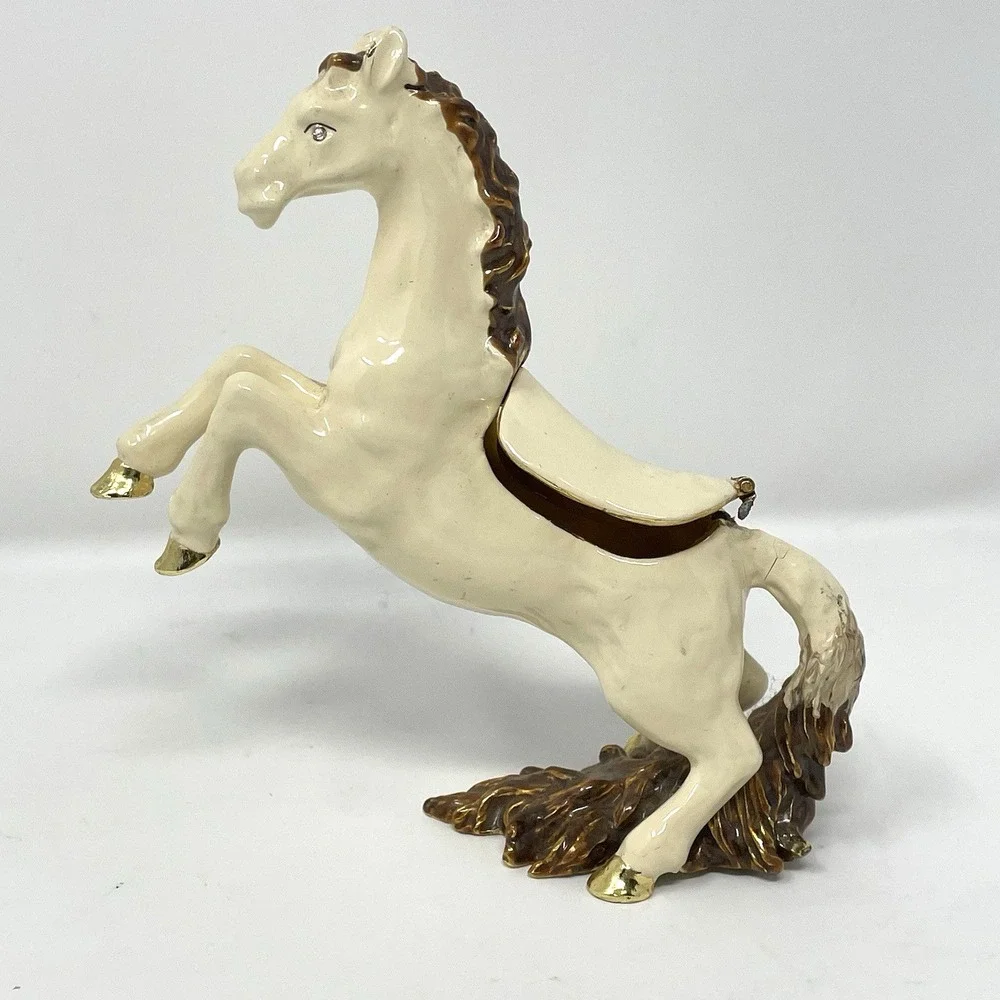 Vintage Enamel Rearing Horse Trinket Box White Stallion Jeweled Eye - AS IS
